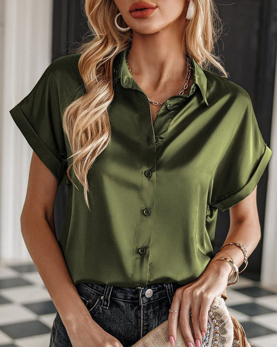 Short Sleeve Button Satin Blouse