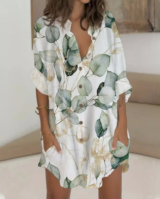 Printed button long sleeve pocket dress