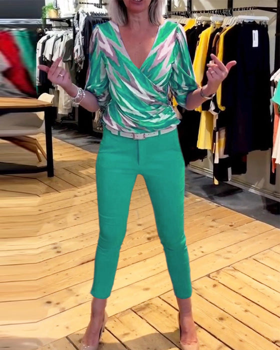 Printed casual deep V top