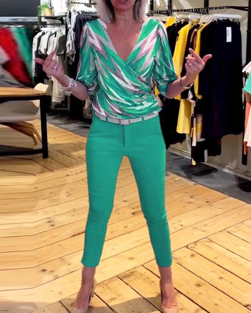 Printed casual deep V top