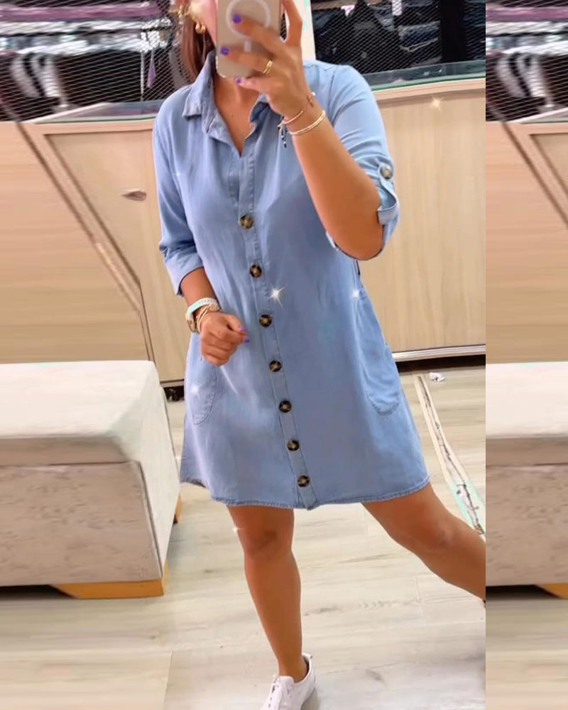 Casual solid color lapel button dress