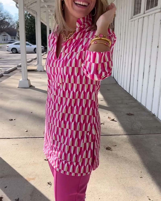 Printed stand collar nine-quarter sleeve top