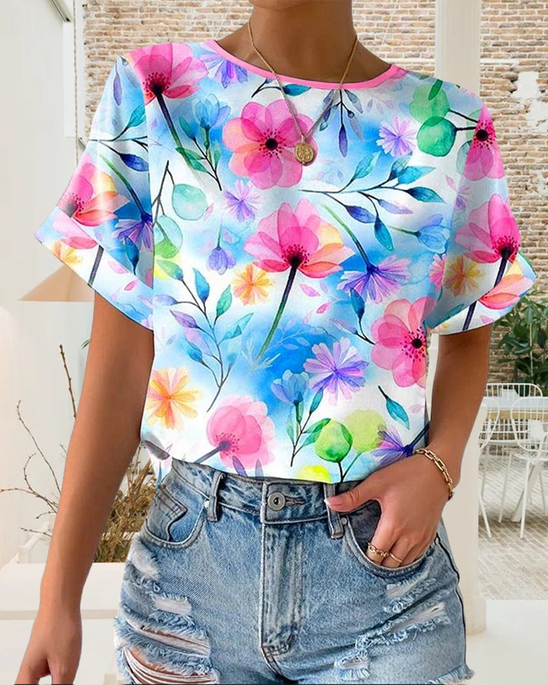 Printed Crew Neck Short Sleeve Blouse