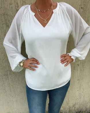 Smocked Long-sleeved V-neck Casual Top