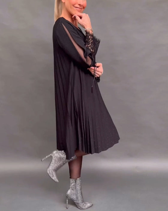 Patchwork lace pleated solid color dress