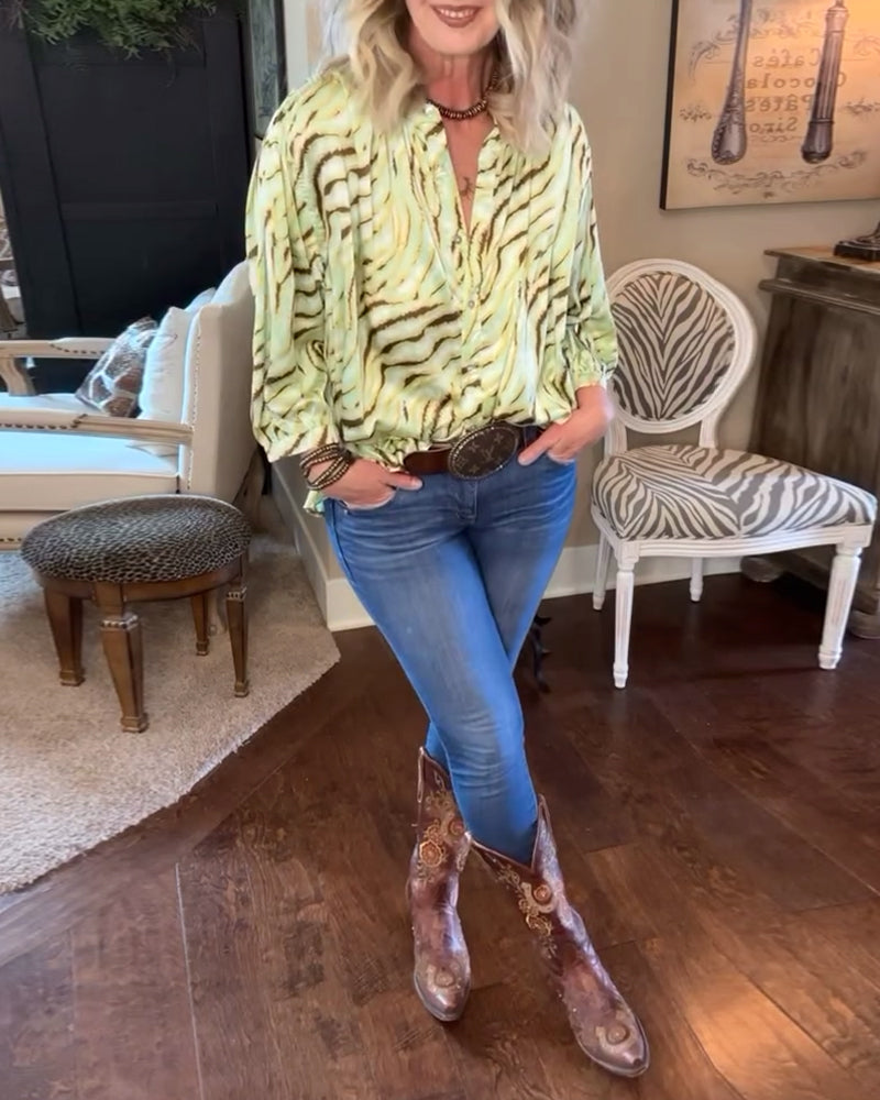 V-neck printed button down casual blouse