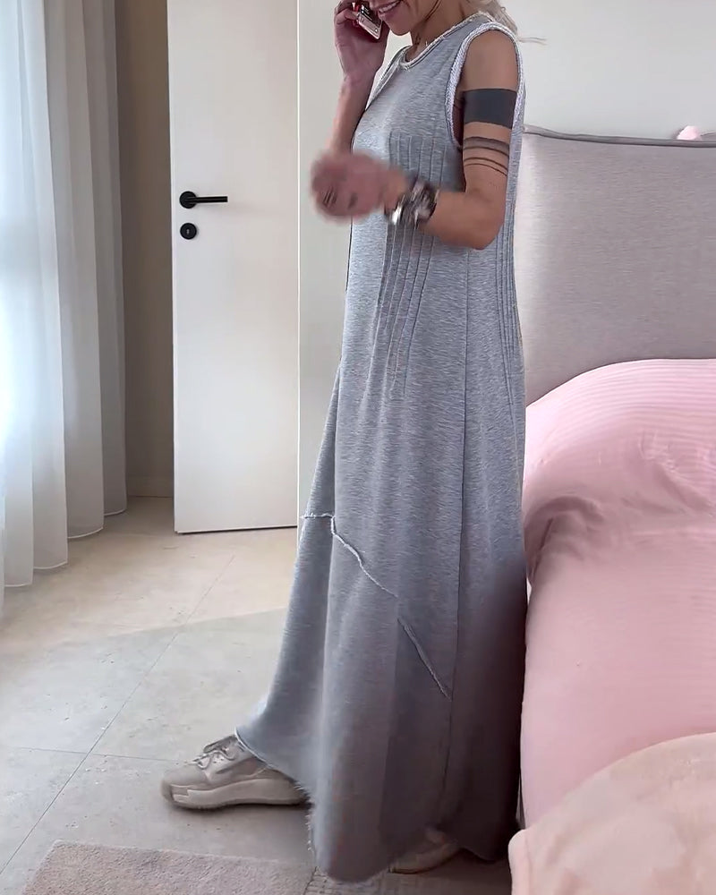Casual solid color sleeveless patchwork long dress
