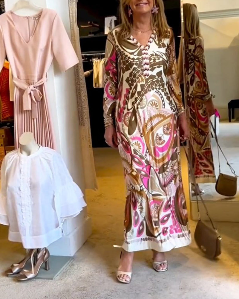V-neck casual printed long dress