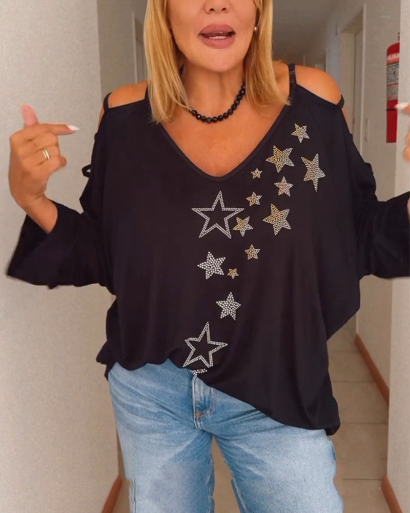 Star print off-the-shoulder cutout top