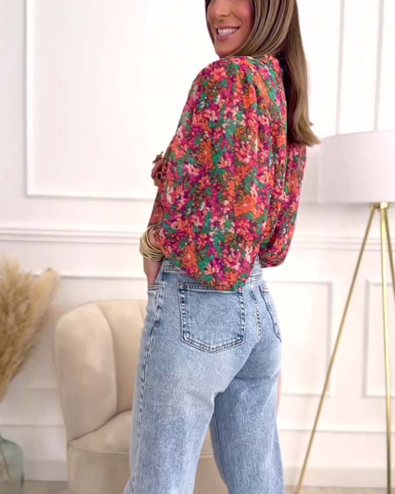 Puff-sleeve printed button-down shirt