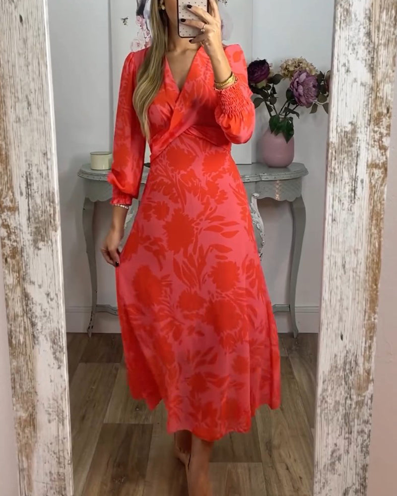 V-neck waist-cinching printed dress