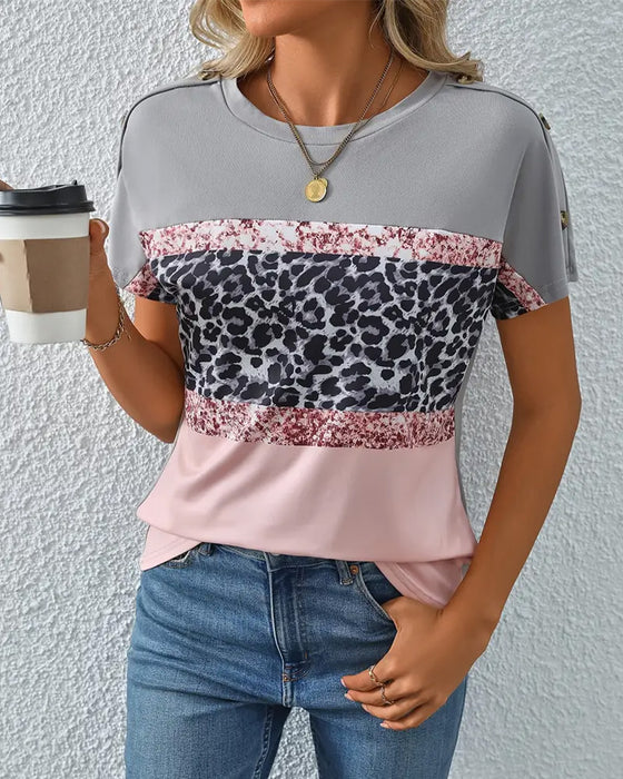 Crew Neck Leopard Print Color Block T-Shirt
