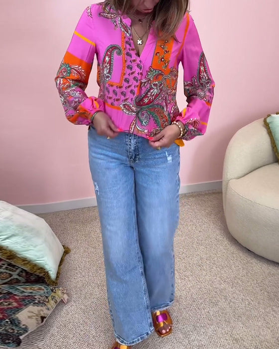 Fashion printed V-neck long sleeve blouse