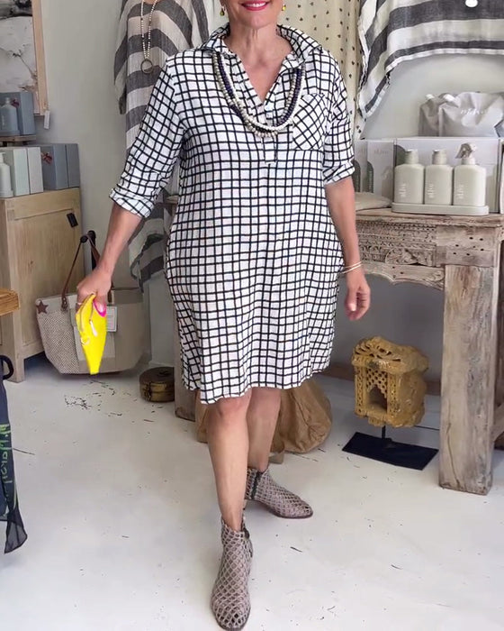 Plaid lapel pocket loose dress