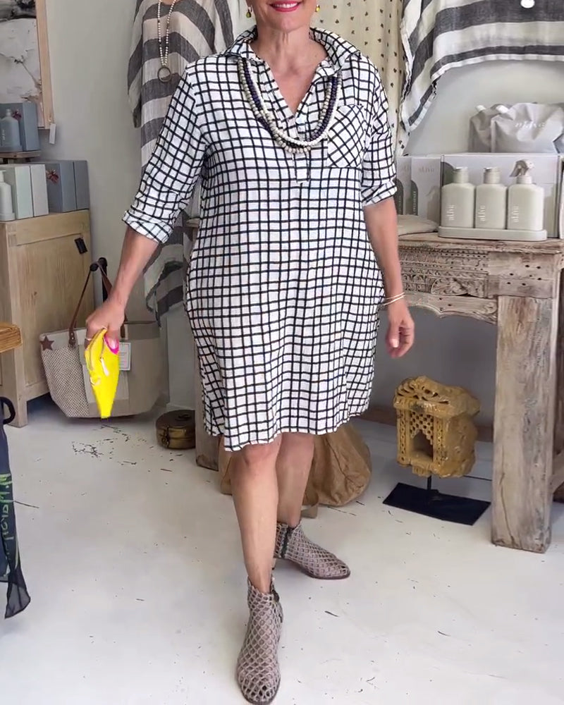 Plaid lapel pocket loose dress