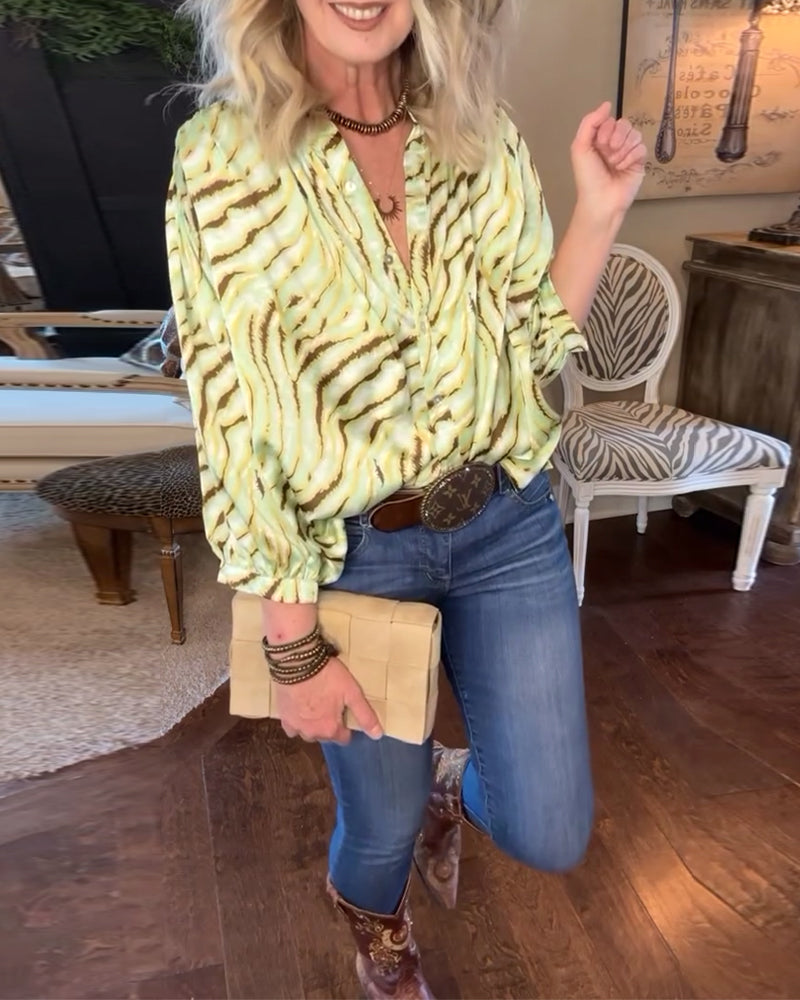 V-neck printed button down casual blouse