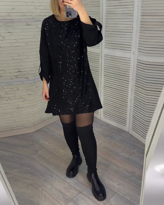 Sequin ruched sleeve dress