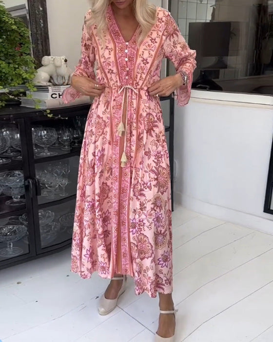 Elegant printed V-neck button drawstring dress