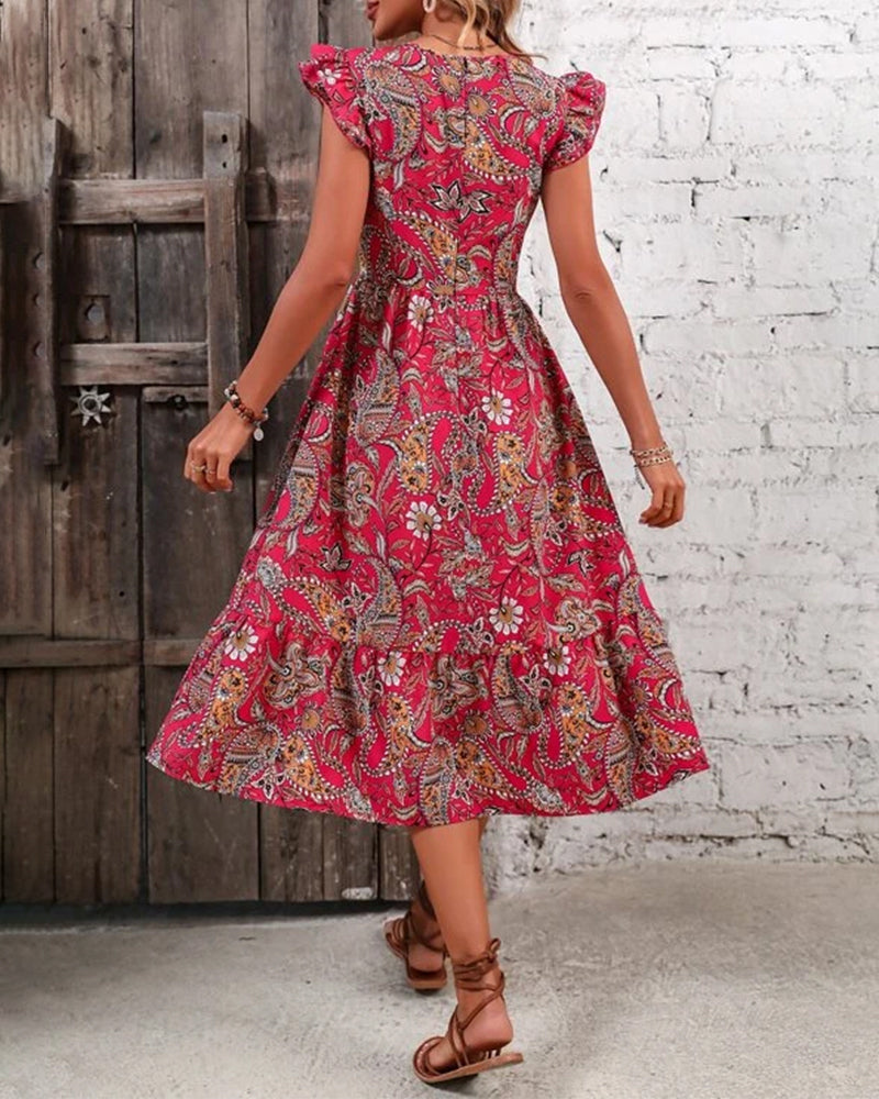 Printed v-neck short-sleeved dress