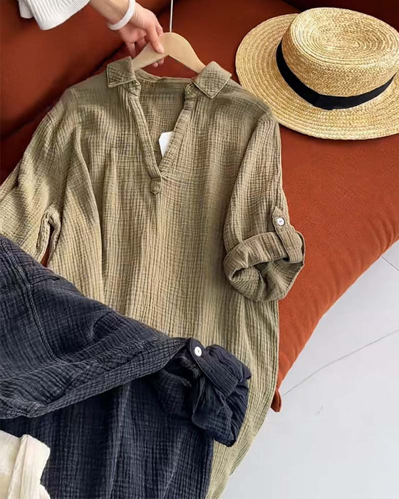 Lapel Solid Color Simple Long Sleeve Dress