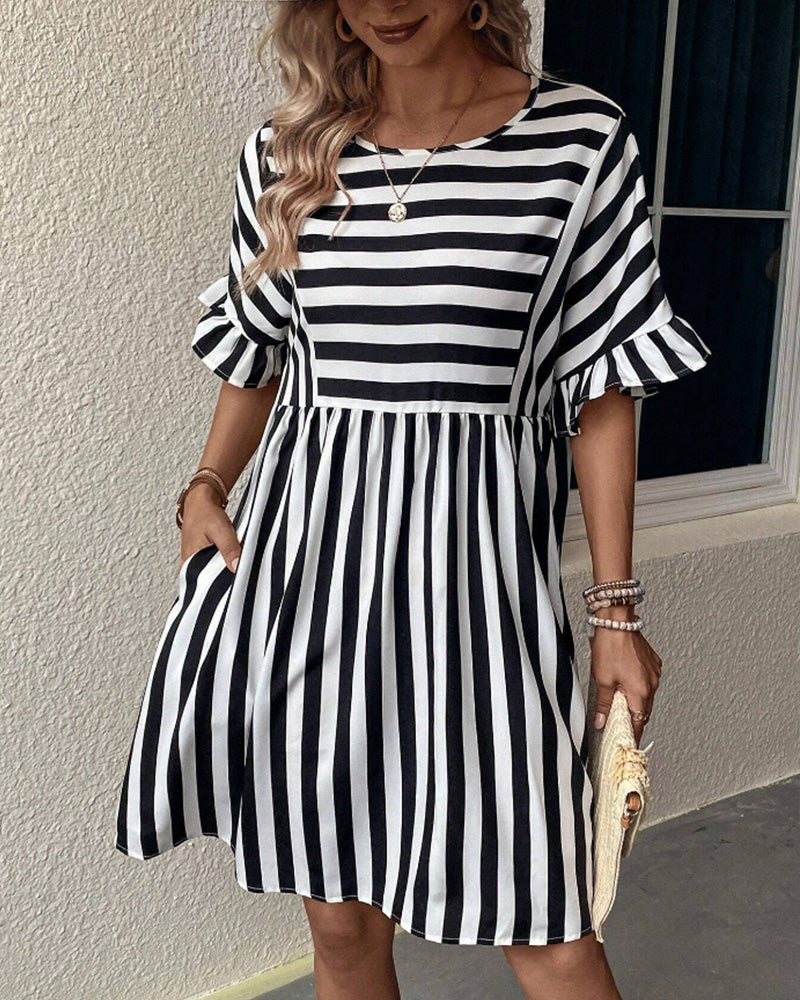 Round Neck Striped Print A-Line Dress