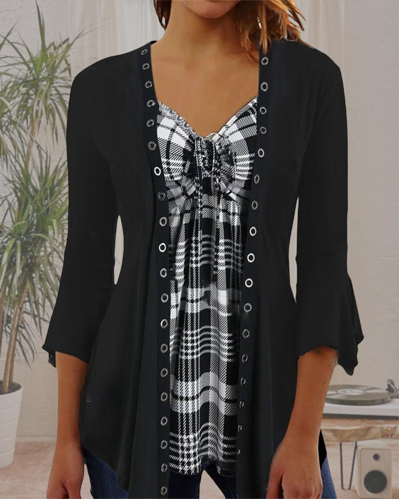 3/4 Sleeve Plaid Panel Top