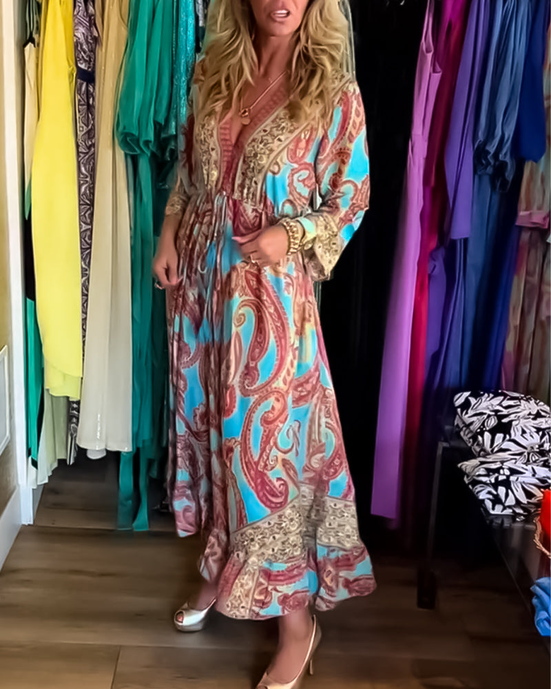 Fashion print long sleeve long dress