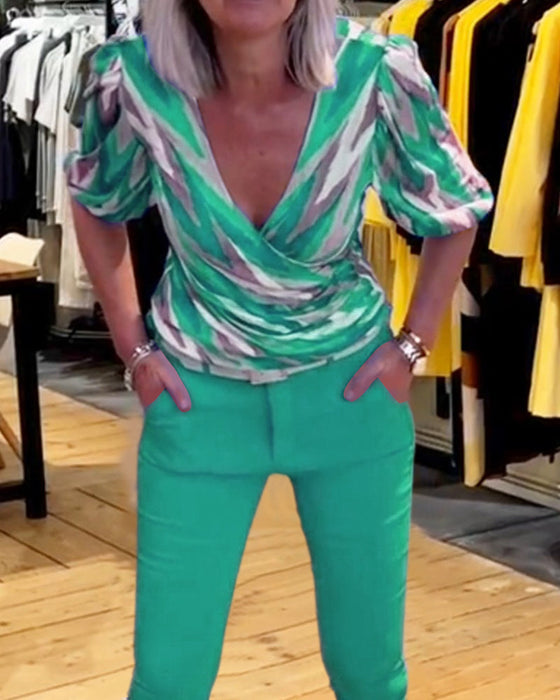 Printed casual deep V top