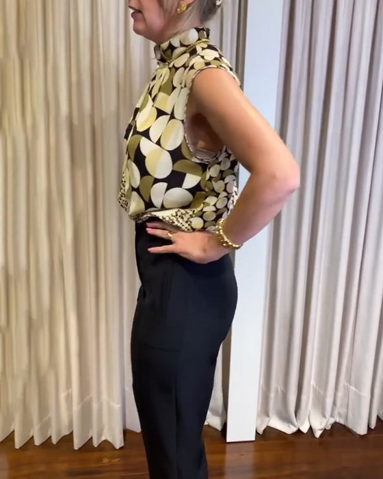 Geometric print turtleneck sleeveless top