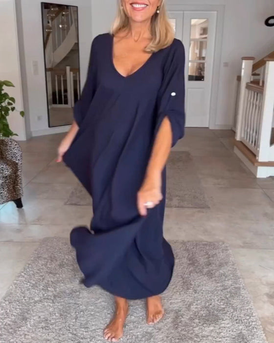 Solid color V-neck dress