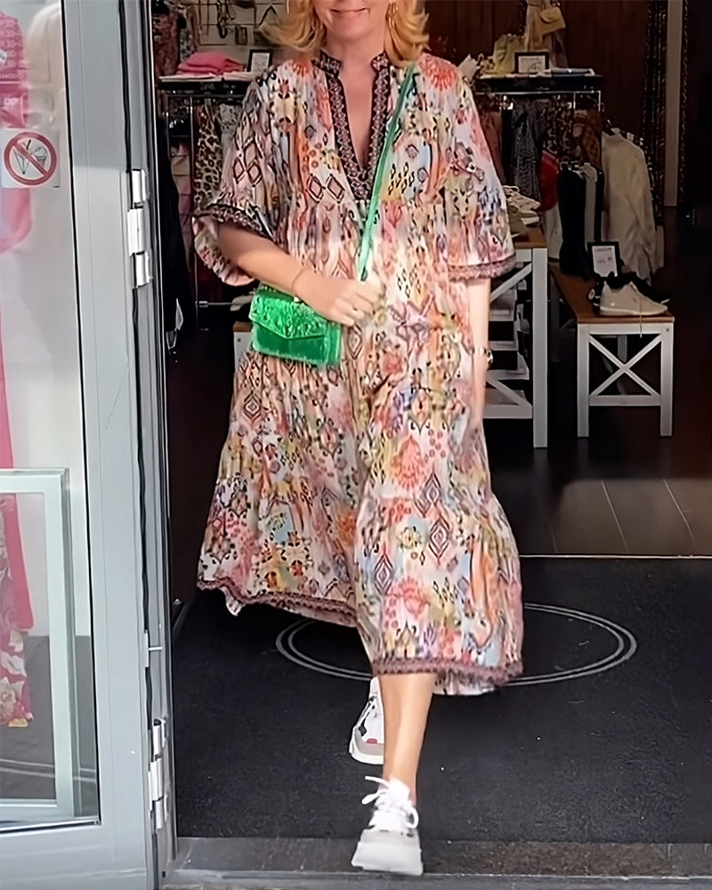 V-neck printed elegant long dress