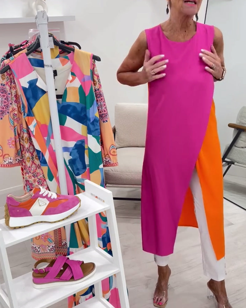 Sleeveless Contrast Color Slit Long Blouse