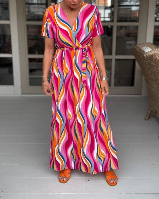 Colorful printed short-sleeved lace-up long dress