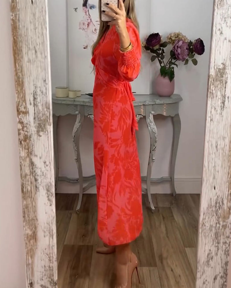 V-neck waist-cinching printed dress