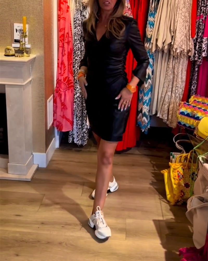 V Neck PU Bodycon Dress