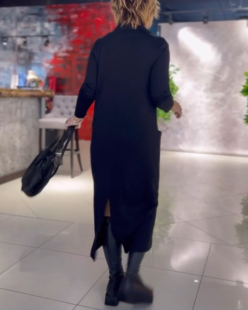 Solid Color Crew Neck Dress with Pocket