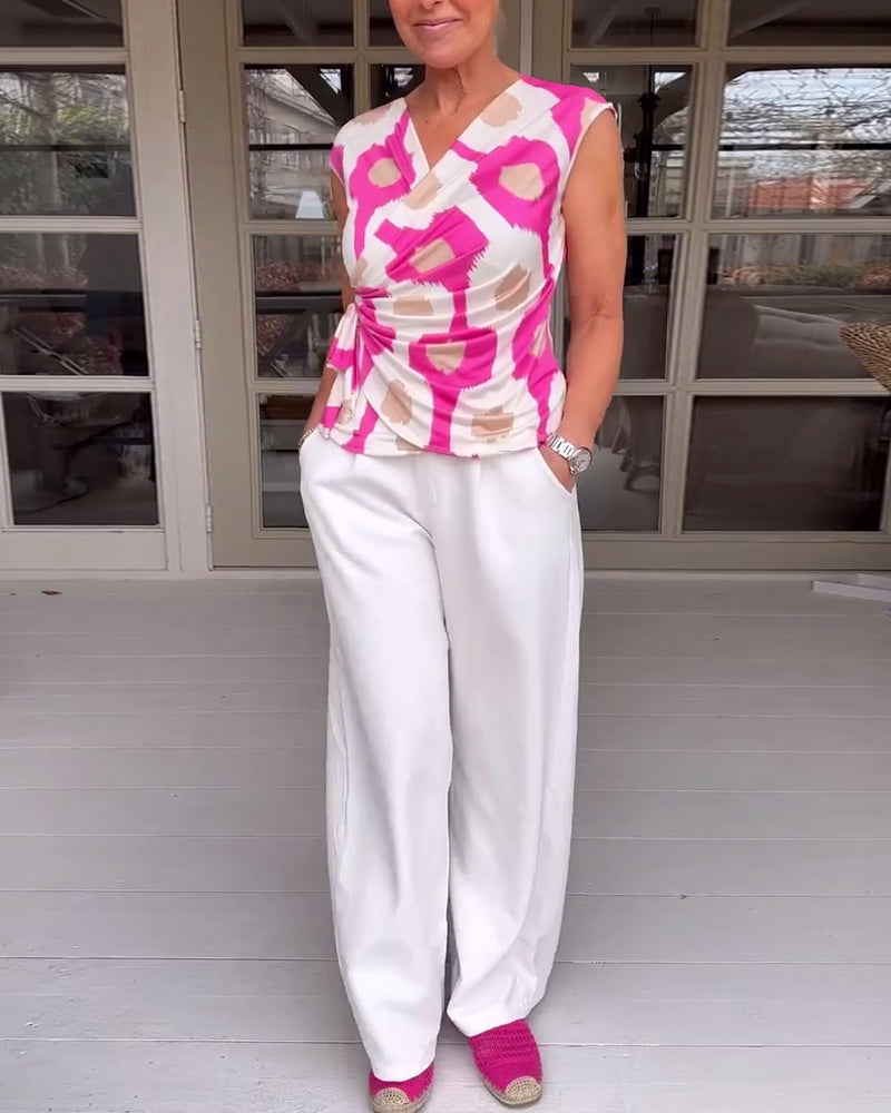 Printed pleated twist tank top