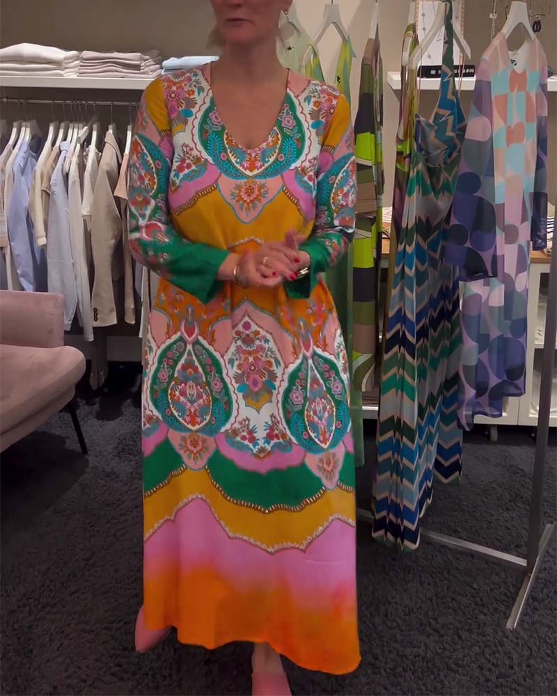 Printed V neck long sleeve dress