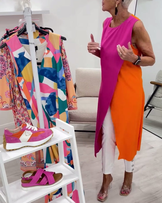 Sleeveless Contrast Color Slit Long Blouse