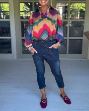 Multicolor Lapel Neck Long Sleeve Top