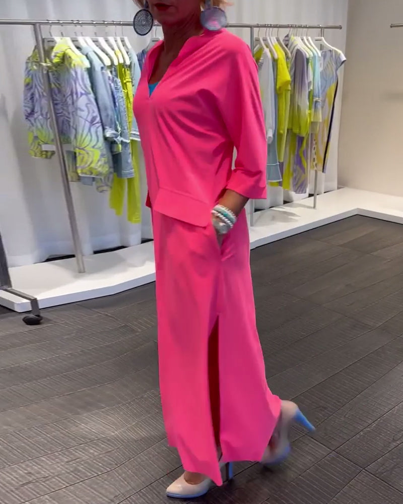 Slit V-neck solid color dress