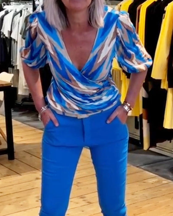 Printed casual deep V top