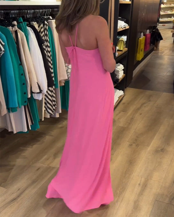 Halter neck slit solid color two piece set