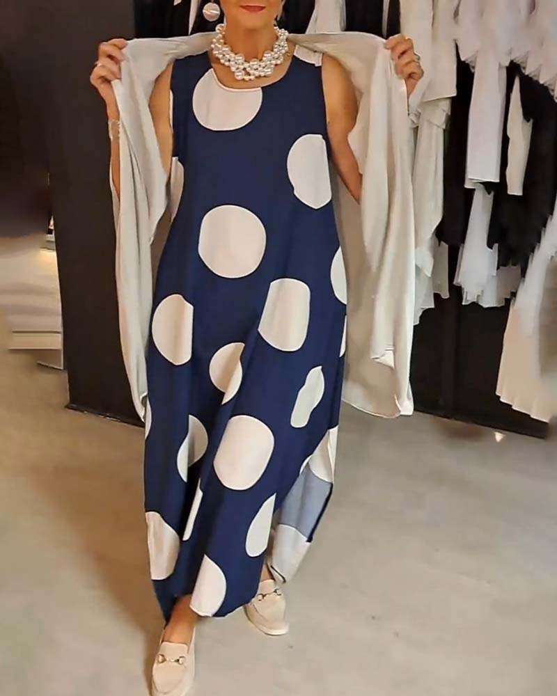 Large polka dot print casual sleeveless dress