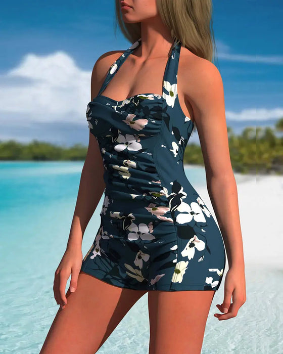 Halter One-Piece Pleated Boxer Swimsuit