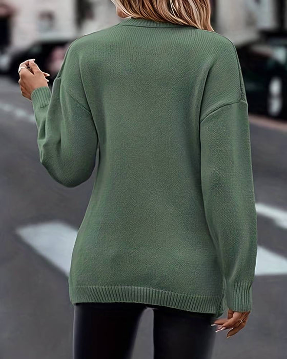 Solid Color Pullovers with V-Neck and Long-Sleeved