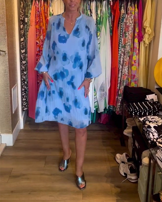 Floral print pleated long-sleeved dress