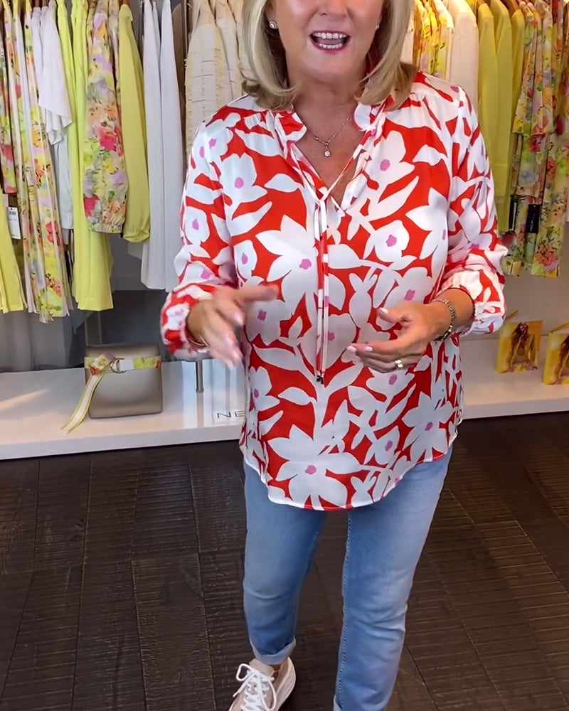 Floral print V-neck lace up blouse