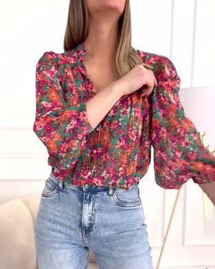 Puff-sleeve printed button-down shirt