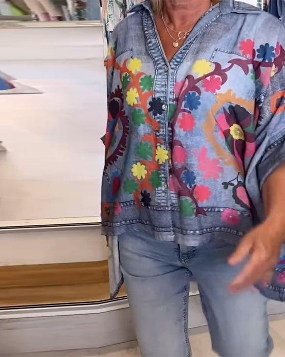 Fake Denim Irregular Print Blouse